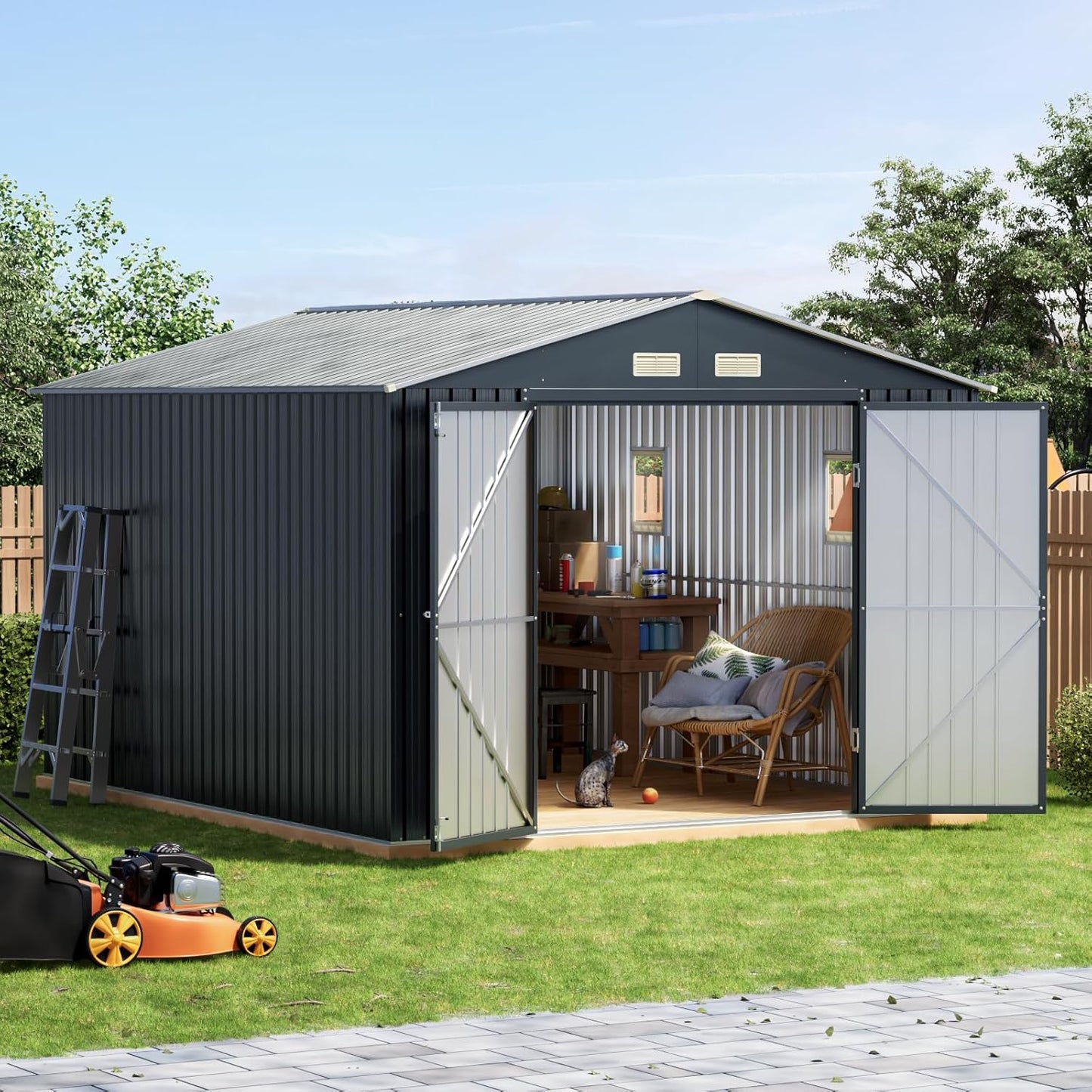10x10 FT Outdoor Metal Storage Shed, Double Swing Doors, 2 Clear Windows,Tool Shed for Garden, Patio, Backyard