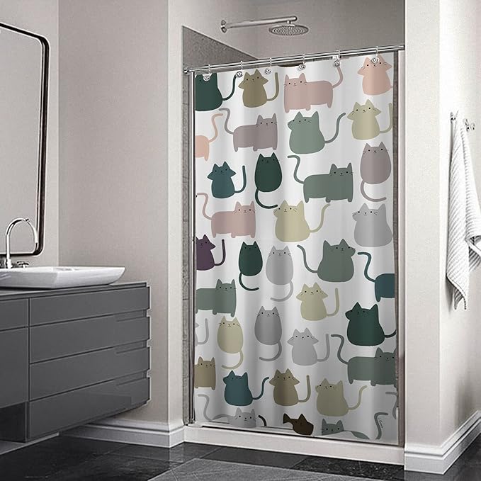Sunlit Design 36 x 72 Inches Lovely Multicolor Cartoon Cats Fabric Small Stall Shower Curtain, Cute Cats RV Half Size Narrow Bathroom Decoration Curtains