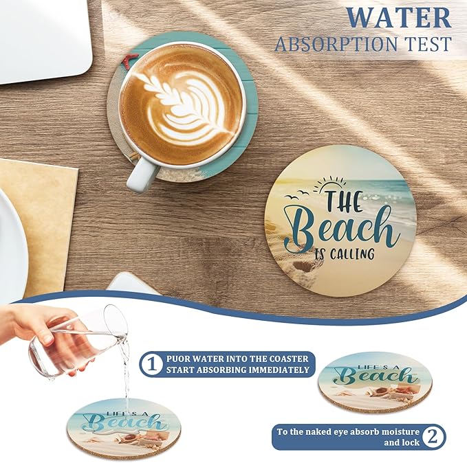 Beach Coastal & Ocean Sea Tropical Theme Cork Coasters for Drinks, Kitchen Decor and Gifts for Beach House and Home Beach Bar-Coasters for Wooden Table-Set of 6 with Holder