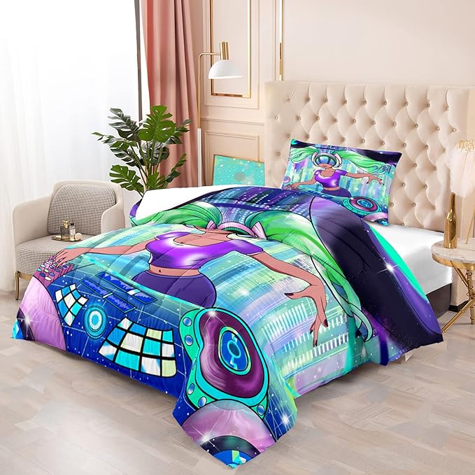 Black Girl Twin Comforter Set for Teens and Adults - Pretty African American DJ Pattern Bedding With 1 Pillowcase