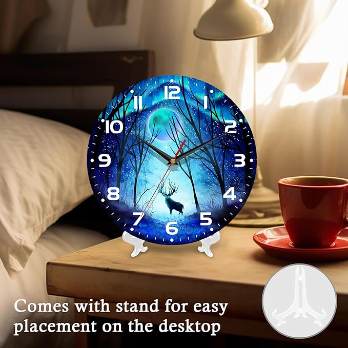 Wall Clock, 10 Inch Silent Non-Ticking Home Kitchen Decor, Battery Operated for Bathroom Bedroom Living Room Office(Forest Deer Moon)