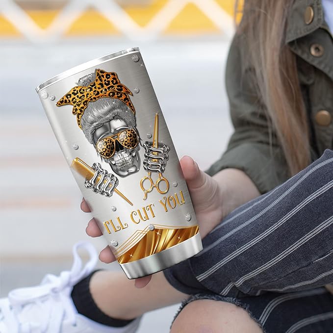 ZOXIX Hairstylist Tumbler Cup Jewelry Style Bandana Skull Leopard Print Cup Stainless Steel Tumblers With 20oz Hairdresser Gifts For Women Funny Travel Mug Hairdressing Gift
