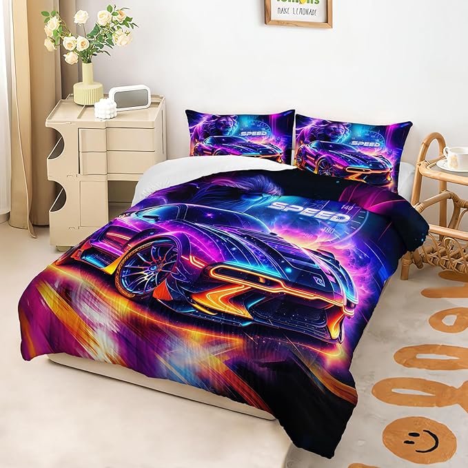 AILONEN Boys Kids Racing Car Bedding Set Full Size,Neon Speed Car & Lion Comforter with 2 Pillowcases,3 Pieces Soft Lightweight Racer Duvet Set