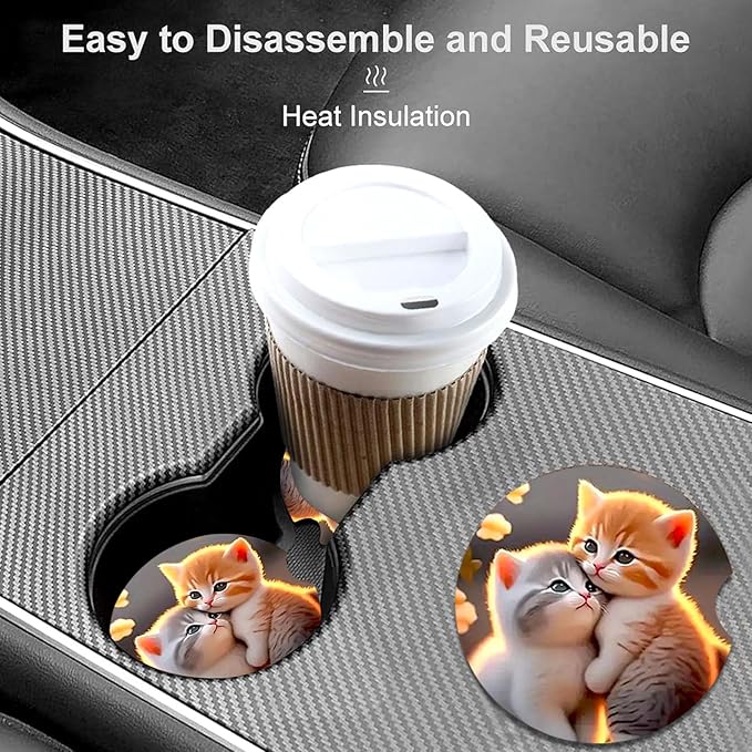 Car Coasters for Cup Holders,2 Pack Two Cat Car Coasters,2.75" Universal Size Anti Slip Rubber Mat,Automotive Cup Holder Decal Decor Accessories,Gifts for Cat Lovers for Women,Men,Mom