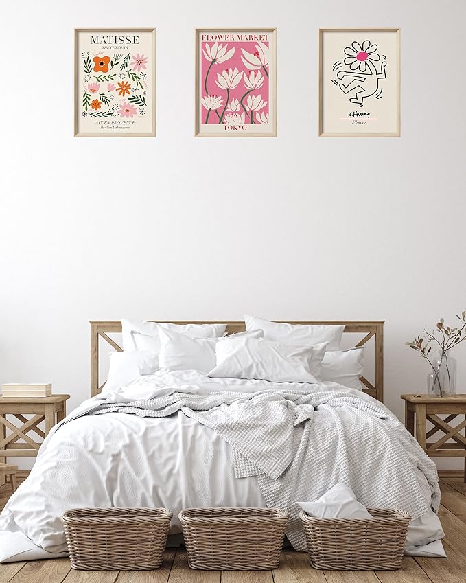 UPWOIGH Framed Wall Art，Abstract Henri Matisse Canvas Wall Art，12X16in Pink Beige Flower Market Wood Decor Prints Artworks，Minimalist Flower Market Wall Art Living Room Bedroom,Set of 3，Green,Pink