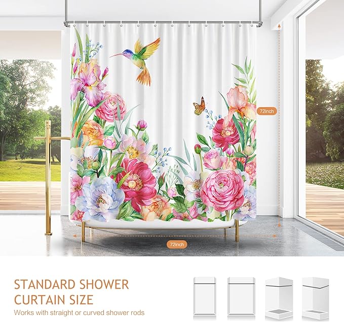 Vimorco Flower Hummingbird Shower Curtain, Floral Shower Curtains for Bathroom with Hook, Waterproof Polyester Fabric Shower Curtain, Hummingbird Flower Shower Curtains Set, Bath Curtain Decor