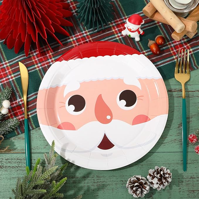Whaline Christmas Paper Plates Santa Elf Disposable Plates Red Green Cute Xmas Dinnerware Plates Set 9 Inch for Winter Holiday Party Supplies Table Decor, 40Pcs