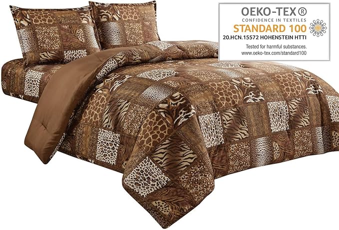 WPM 2 Piece Animal Print Comforter with Pillow Sham, Chocolate Brown Leopard Zebra Giraffe Jungle Forest Theme Design Twin Size Bedding- Safari (Brown, Twin)