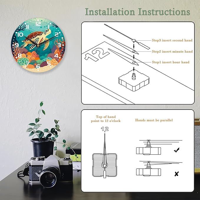 Wall Clocks Battery Operated,Sea Turtle Clock for Living Room,Decorative Wall Clock for Living Room, Bedroom, Bathroom and Kitchen,10 Inch