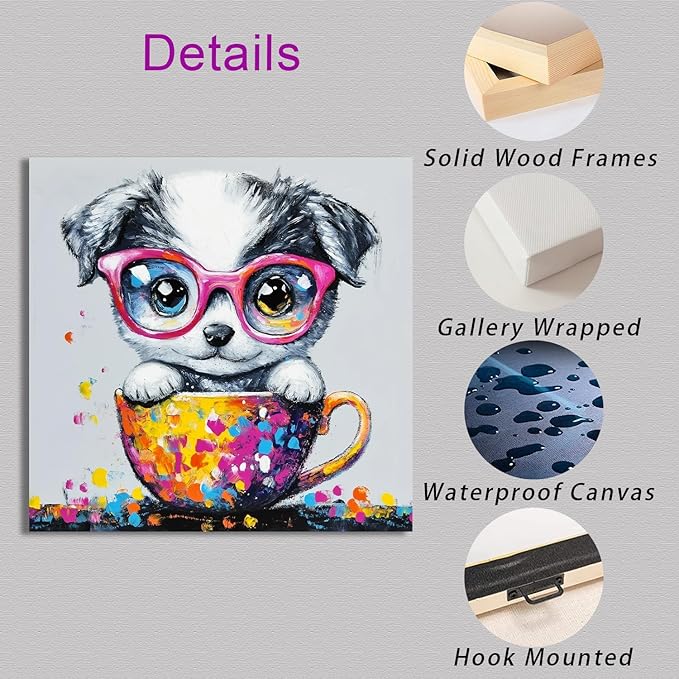 Ypxzzj Graffiti Cute Puppy in a Teacup Canvas Wall Art, Animal Dog Picture Prints Wall Art, Cute Animal Poster Dog with Glasses Wall Art for Livingroom Bedroom Home Decor Framed Ready to Hang