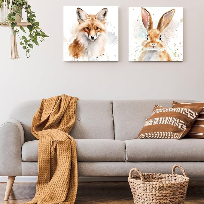 Watercolor Rabbit Wall Art Nursery Bunny Pictures Wall Decor Abstract Animal Canvas Print Art Cute Bunny Rabbit Poster Modern Artwork for Kids Bedroom Bathroom Living Room Home Decor 12x12inch