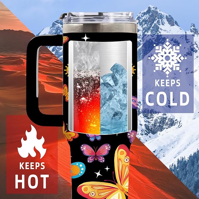 Butterfly Tumbler 40 Oz, Funny and Colorful Design, Stainless Steel Insulated Mug with Humorous Quote, Gift for Women, Fun and Playful Butterfly Theme, Novelty Tumbler