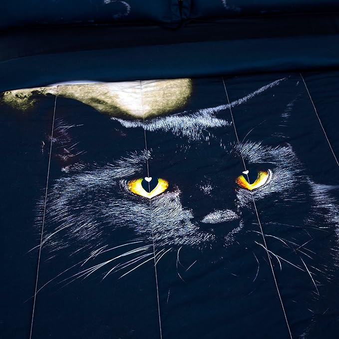 Black Cat Comforter Set,3D Cartoon Cat Comforter Full,Animals Print Bedding Set for Kids Girls Boys Cat Quilt Set with 1 Comforter and 2 Pillow Cases Bedroom Decor