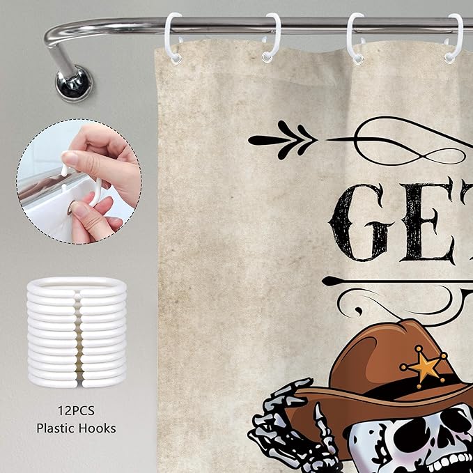 Western Cowboy Skull Skeleton Shower Curtain Funny Cool Texas Gothic Spooky Unique Mexican Bone in Bathtub Bubbles Retro Helloween Bathroom Decor Cat 60Wx72H Bath Curtain Polyester 12 Pack Hook