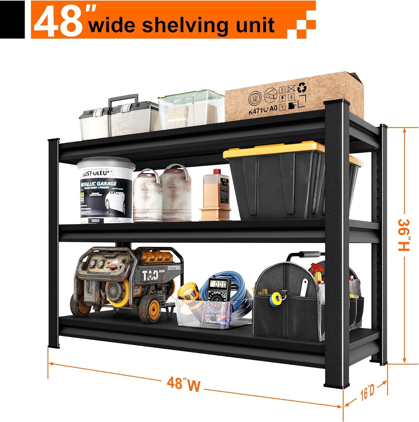 Garage Storage Shelves Heavy Duty, 48”W Shelving Units and Storage Rack, 1650LBS Loads Shelving Units, Adjustable 3-Tier Metal Shelves for Industrial Storage, 48”W×16”D×36”H,Black