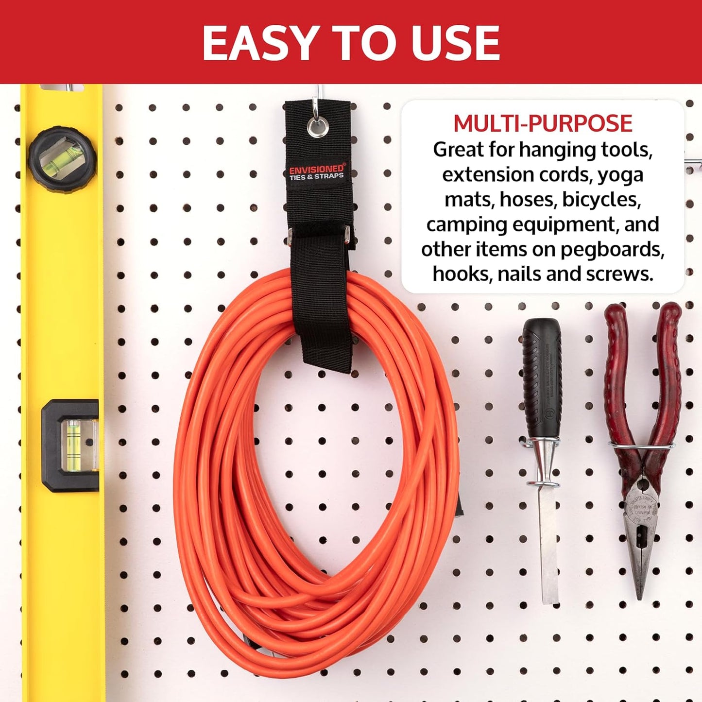 Heavy Duty Hanging Storage Cinch Straps with Metal Buckle (4 Pack, 1.5" x 12") - Electrical Extension Cord & Garden Hose Holder, Cable Management, Storage Organizer in Garage, Workshop - ENVISIONED