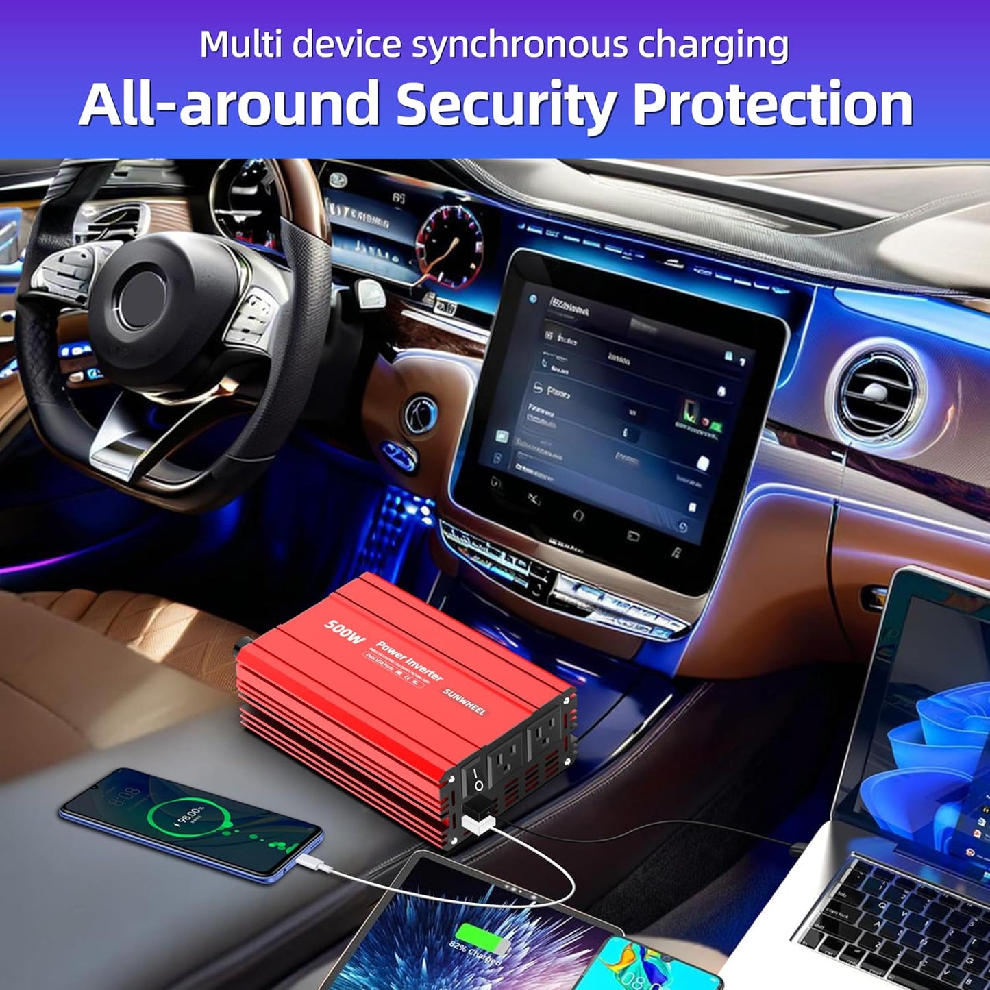 SUNWHEEL 500W Power Inverter DC 12V to 110V AC Car Inverter with 2 x 3.1A USB Ports and Dual AC Outlet, Equipped with 1 Cigarette Lighter and 2 Battery Clamps for Road Trip and Camping