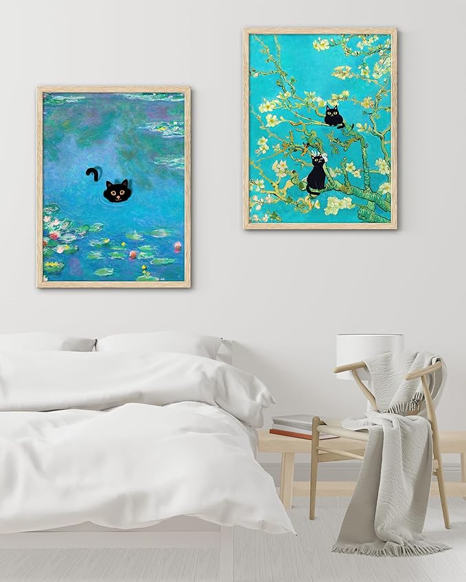 UPWOIGH Beige Oak Wood Blue Framed Wall Art, 12"x16" Monet Prints Vintage Canvas Wall Art, Funny Cat in Water Lilies Posters for Room Bedroom Living Room Bathroom Wall Decor Aesthetic,1Pack Gifts