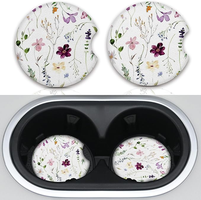Wildflowers Universal Auto Anti Slip Insert Coasters, 2 Pack Rubber Car Coasters with A Finger Notch