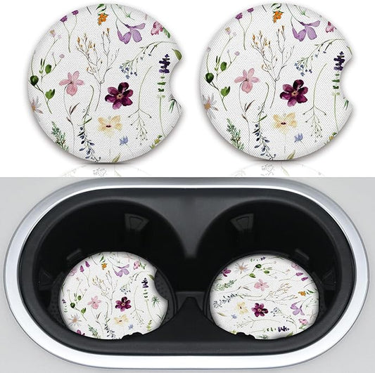 Wildflowers Universal Auto Anti Slip Insert Coasters, 2 Pack Rubber Car Coasters with A Finger Notch