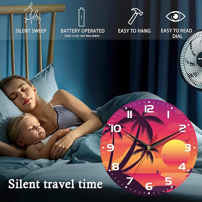 Wall Clock, 10 Inch Silent Non-Ticking Home Kitchen Decor, Battery Operated for Bathroom Bedroom Living Room Office(Tropical Palm Sunset)