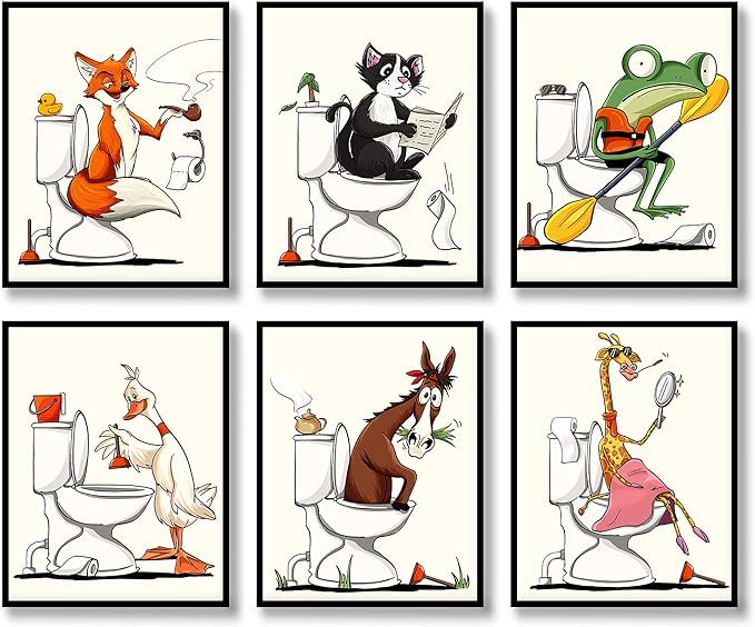 Bathroom Wall Art Animal Prints Toilet Decor Set of 6 Canvas Posters Cute Pictures Photos Bathroom Artwork Wall Colourful Funny Fox Cat Frog Goose Giraffe Horse in Toilet Illustration Wall Decor for