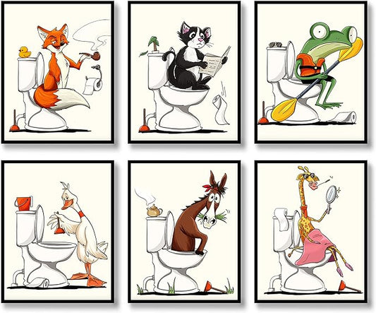 Bathroom Wall Art Animal Prints Toilet Decor Set of 6 Canvas Posters Cute Pictures Photos Bathroom Artwork Wall Colourful Funny Fox Cat Frog Goose Giraffe Horse in Toilet Illustration Wall Decor for