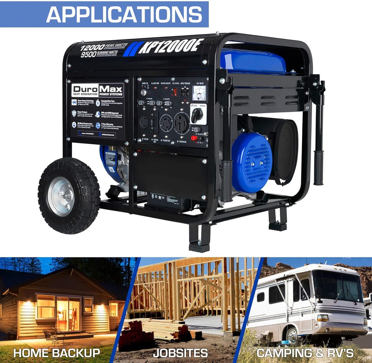 DuroMax Gas Powered Portable 12000 Watt-Electric Start-Home Back Up & RV Ready, 50 State Approved Generator, Blue, Black