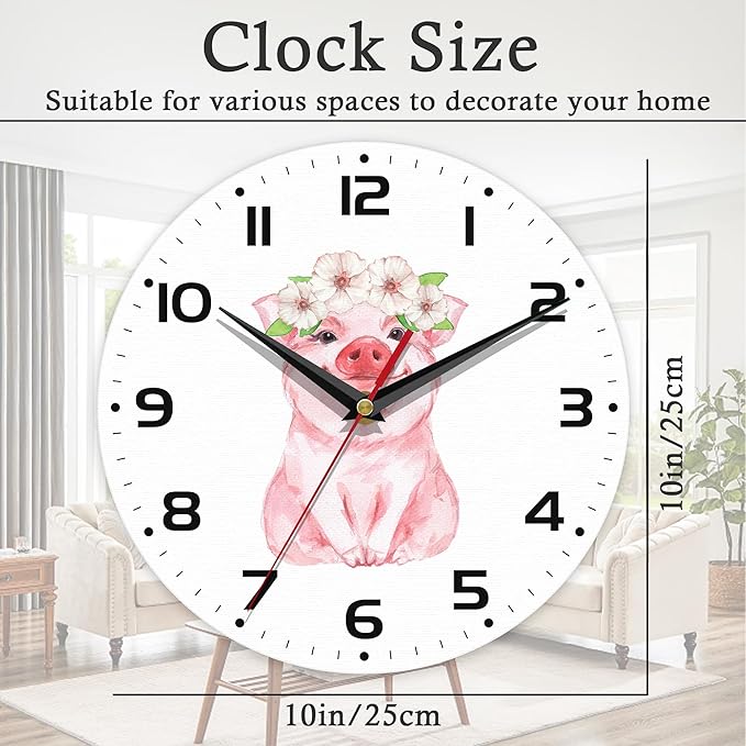 Wall Clock, 10 Inch Silent Non-Ticking Home Kitchen Decor, Battery Operated for Bathroom Bedroom Living Room Office(Cute Pig Flower)