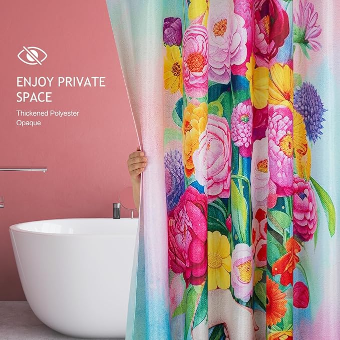 Vimorco Shower Curtain Pink Flower, Blue Bouquet Shower Curtains for Bathroom, Waterproof Quick-Dry Polyester Fabric Shower Curtain, Bathroom Curtains Set, Bath Curtain Decor, 72''x 72'', Floral