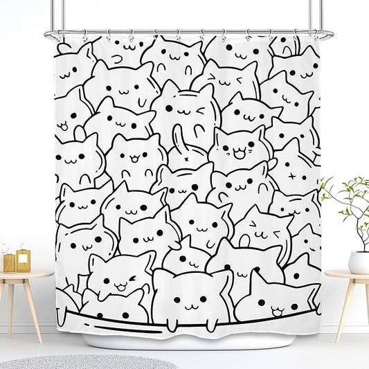 SVBright Cat Shower Curtain 60Wx72L Inch Kids Funny Black White Animal Cute Silhouette Kitty Kitten Simple Line Humor Girls Boys 12 Pack Hooks Polyester Waterproof Fabric Bathroom Bathtub Panels