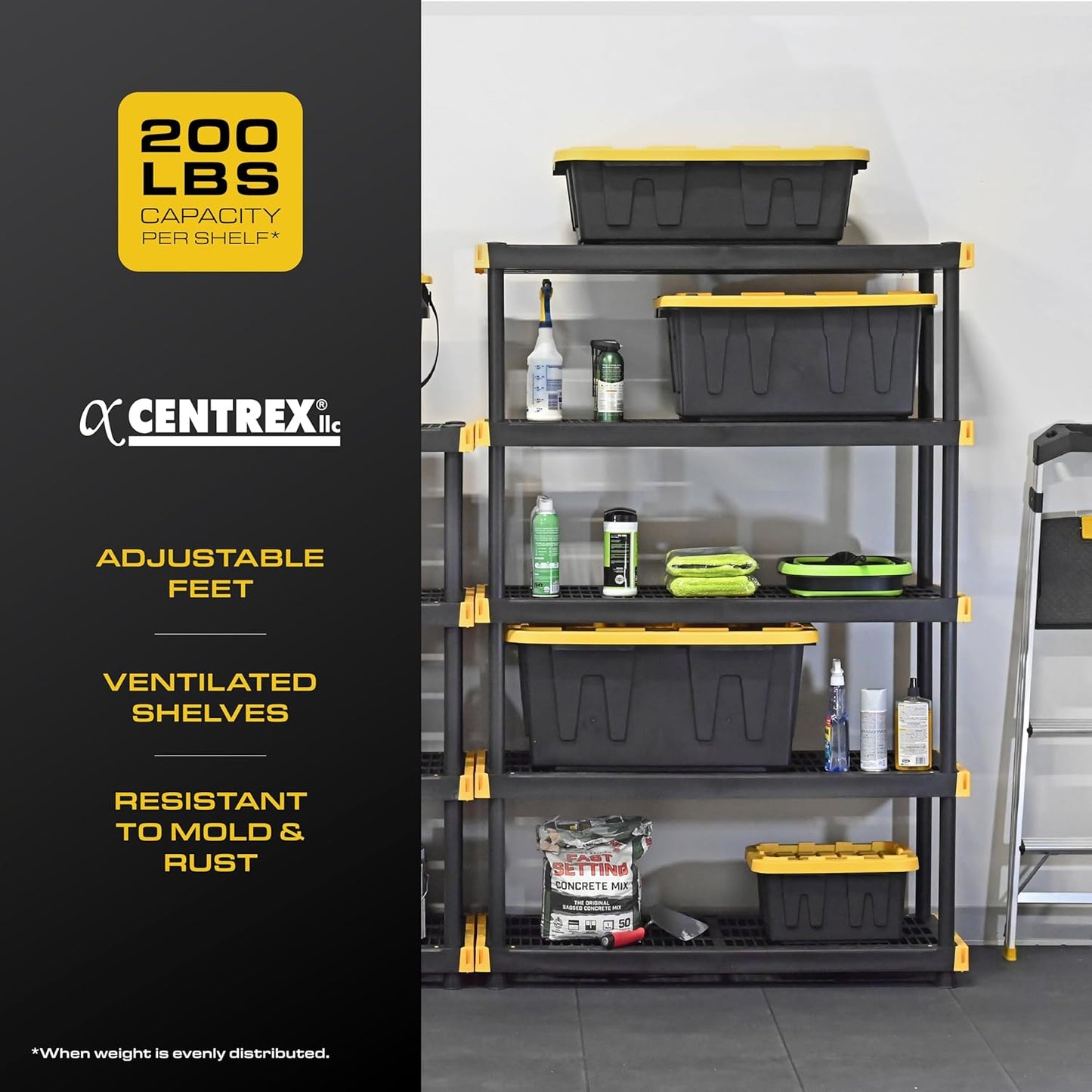 CX Black & Yellow®, 5-Tier Heavy Duty Plastic Storage Shelving Unit, 200lbs/shelf (72”H x 48”W x 20”D), for Indoor/Outdoor Organization, Modular Rack