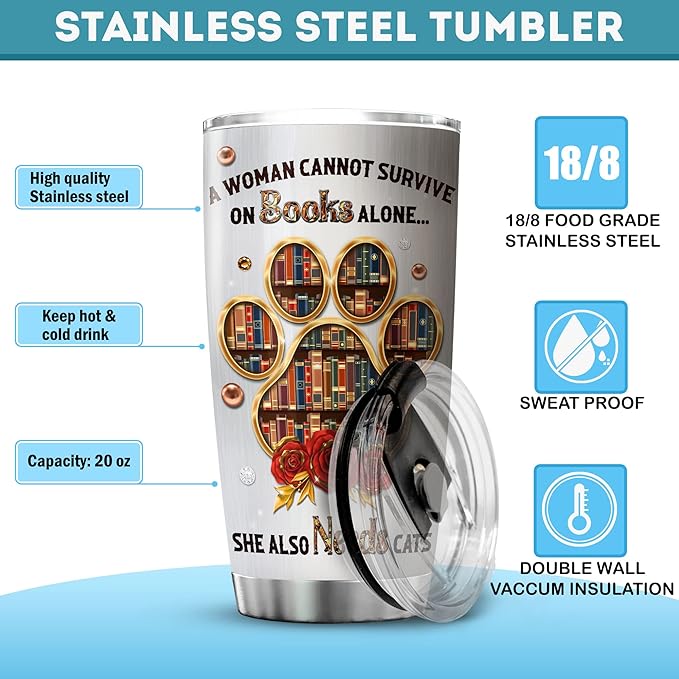 ZOXIX Stainless Steel Cat Lover's Tumbler, 20 oz, Insulated Coffee Mug with Lid, Bookish Reading Gift for Girls