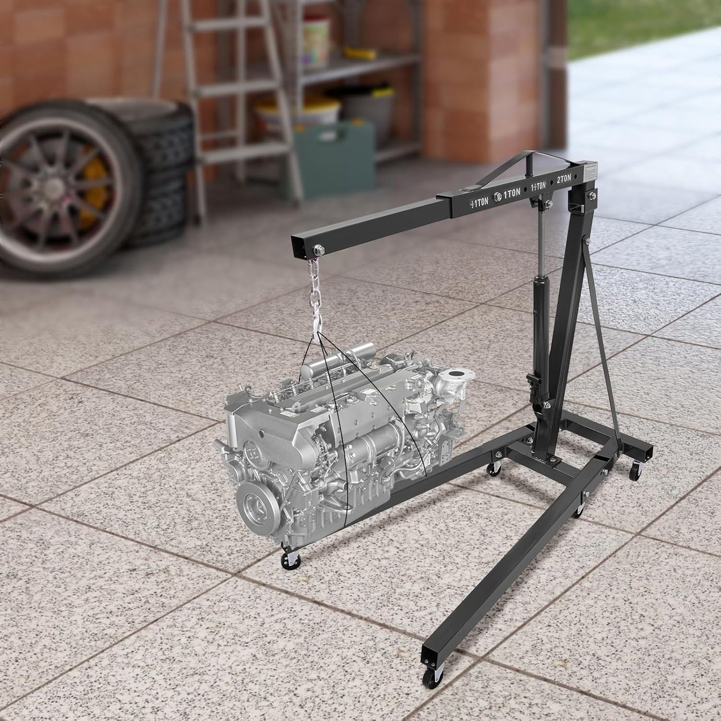 Folding Engine Crane 1 Ton Folding Engine Hoist 2200lbs Heavy Duty Hydraulic Pickup Truck Crane with 6 Iron Caster Wheels for Garage, Workshop - 2 Package