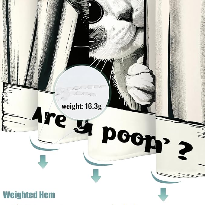 Yeoiat Funny Cat Shower Curtain, are You Poopin' Curious Kitty Whimsical Joke Humor Themed, Shower Curtain Set with 12 Hooks for Bathroom Decor (Black, 72"x72")