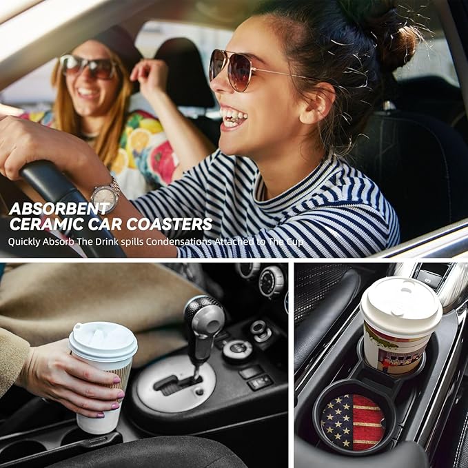 Absorbent Ceramic Car Coasters for Cup Holders, Vintage American Flag Design 2.56" Anti Slip Universal Drink Cup Coasters for Women Men (2 Pack)