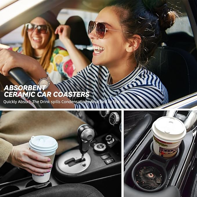 Absorbent Ceramic Car Coasters for Cup Holders, Black Cat Design 2.56" Anti Slip Universal Drink Cup Coasters for Women Men (2 Pack)
