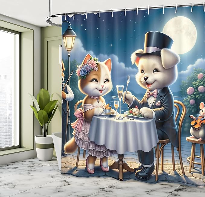 Ambesonne Cat Shower Curtain, Smiling Happy Kitty Lady and Gentleman Puppy Romantic Dinner Date Print, Cloth Fabric Bathroom Decor Set with Hooks, 69" W x 84" L, Night Blue Rose Apricot