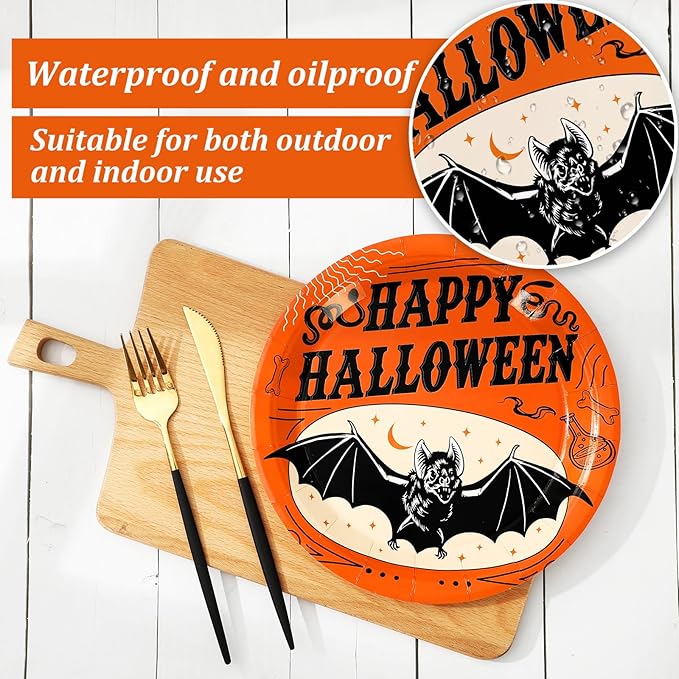 Whaline Halloween Paper Plates Vintage Orange Black Disposable Dinner Plates Black Cat Pumpkin Bat Skeleton 9 Inch Dinnerware Plate for Party Supplies Table Decor, 40Pcs