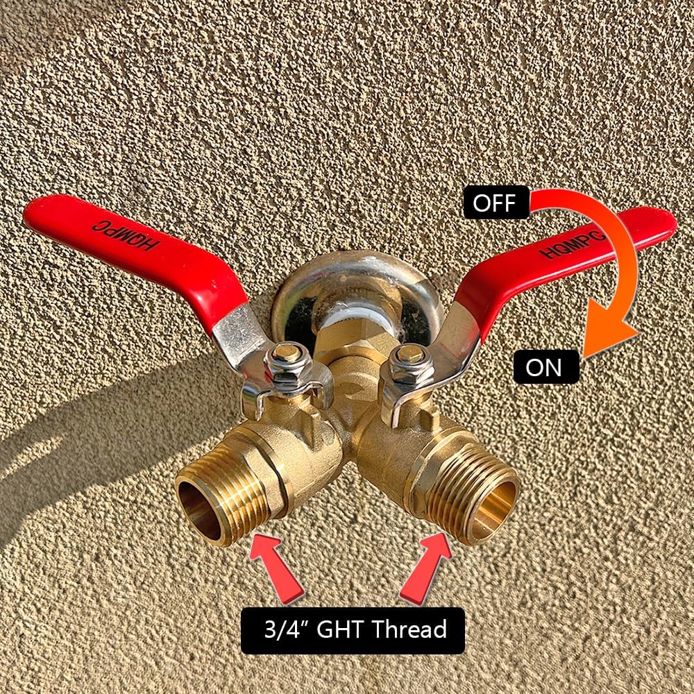 HQMPC Garden Hose Y Valve Splitter Brass Hose Splitter With Stainless Steel Long Handle Brass Garden Hose Adapter 2 Way Y Valve 3/4" GHT Thread 2pcs