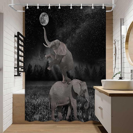 Boziqr Funny Shower Curtains for Bathroom, Cute Elephant Moon Forest Bath Curtain, Rustic Farmhouse Decor Polyester Fabric Fun Cool Animals Black 48 x 70 Inches