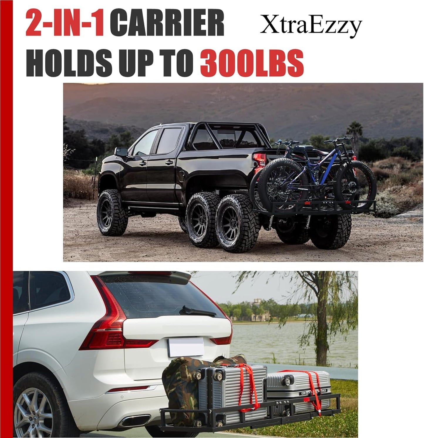 Hitch-Mount Bike Rack for Ebike Heavy-Duty - Comes with Cargo Carrier Fits 2 Electric Fat-Tire Mountain Bicycles Fits 2" Receiver for Car Trailer SUV Truck RV Minivan (Red)