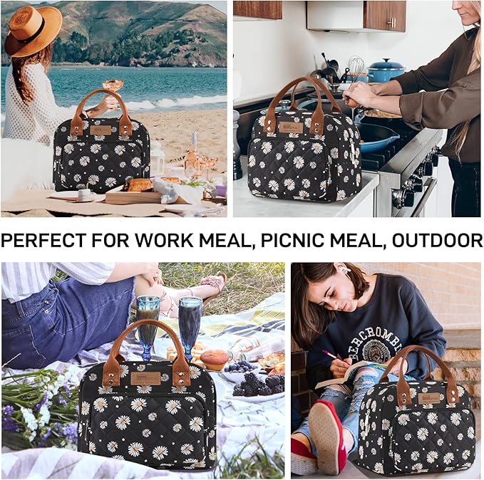 Buringer HOMESPON Lunch Bag for Woman Man Adults with Front Pocket Insulated Lunch Tote Lunch Box Container for Work Picnic or Travel（Daisy）