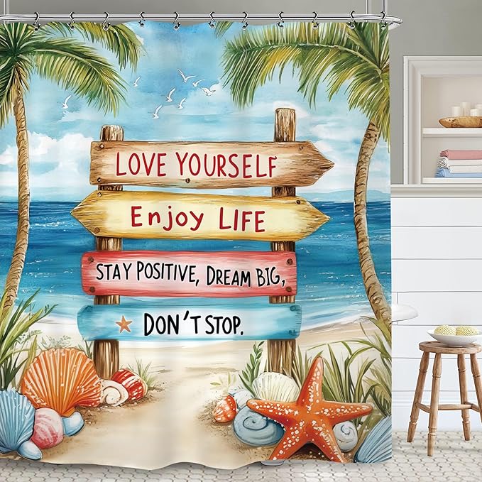 Yookeb Tropical Beach Palm Tree Bathroom Shower Curtain 60W by 71H Inch Coastal Nautical Ocean Quotes Motivational Summer Scenery Inspirational Polyester Fabric 12 Plastic Hooks Waterproof Decor
