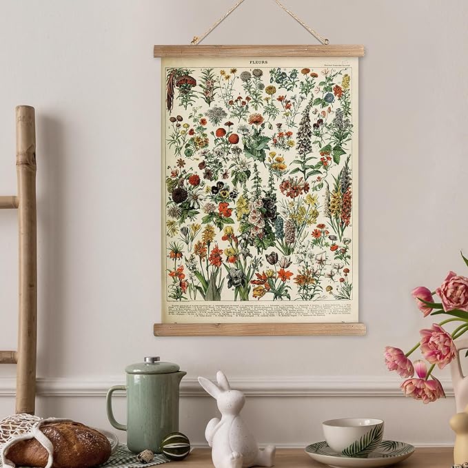 XIAOAIKA Vintage Wildflower Hanging Poster with Wooden Frame, Retro Style Wall Decor Detailed Floral Illustration- Educational Botany Wall Art for Gardeners Home Decor Classroom 16 x 23 Inches