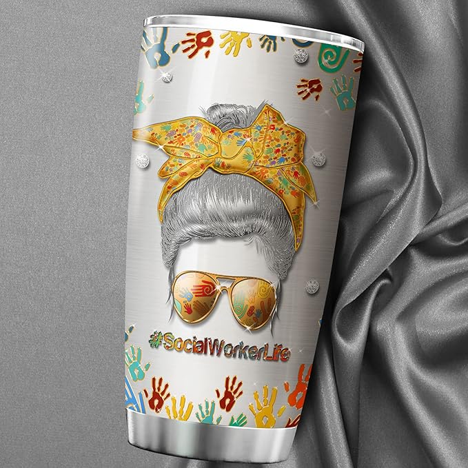 ZOXIX Social Worker Travel Mug Tumbler 20oz Graduation Appreciation Gifts For BSW DSW Colorful Messy Bun Hair Jewelry Style MSW LCSW Gift For Women Caregiver Insulated Cup With Lid