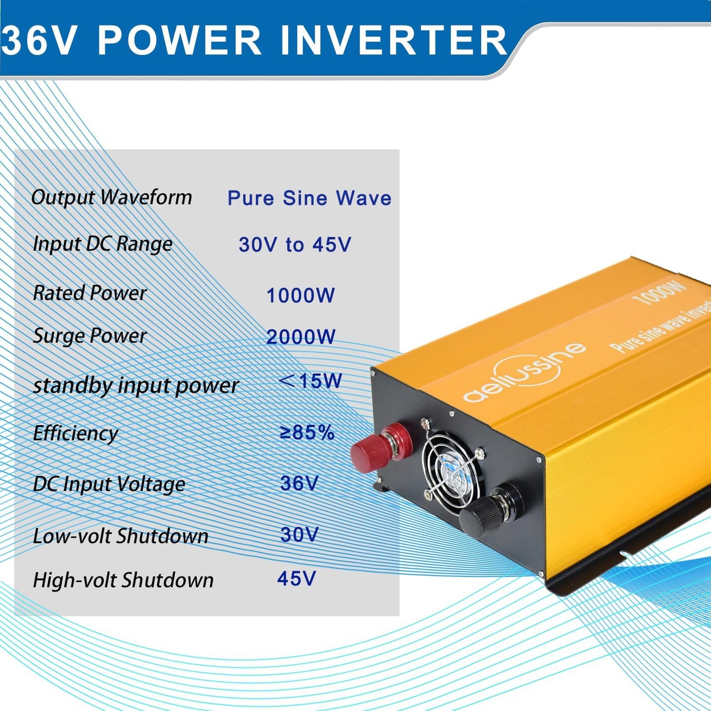 1000W Pure Sine Wave Inverter-36V DC to 110V 120V AC Power Converter with 2 AC Outlets, 36 Volt Power Inverter for Truck, Rv, Camping, Home, Emergency Power