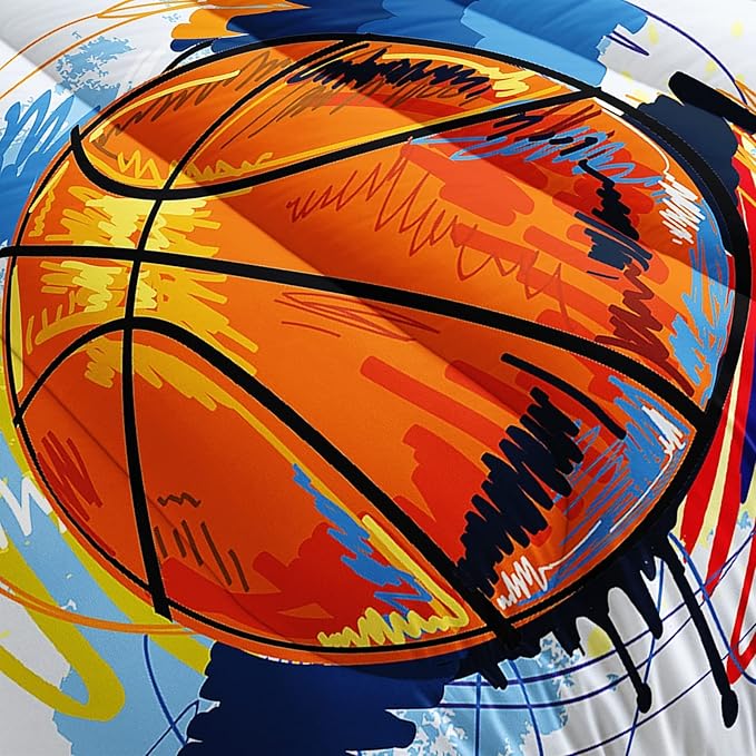 BSNTHO Basketball Comforter Set Boys Sports Bedding Set Twin Size for Kids Teens Hand Drawn Graffiti Style Comforter Design 3 Piece with 1 Comforter 2 Pillowcases