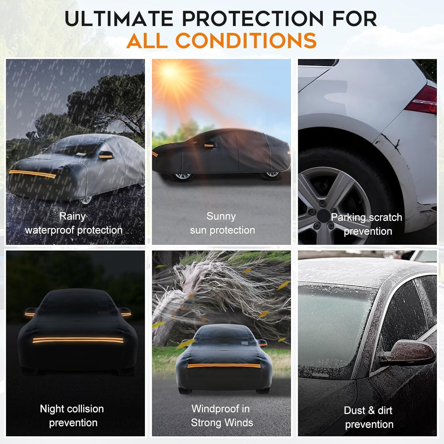 Sedan Car Cover Waterproof All Weather for Automobiles，Outdoor Heavy Duty Full Exterior Covers with Zipper Door, Rain Sun Snow Dust UV Protection, Windproof Straps & Reflective Strips(Up to 213")