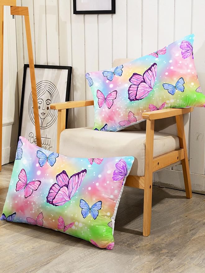Bedding Comforter Set Rainbow Watercolor Printed Pattern Quilt Bedding Set with 1 Comforter and 2 Pillowcases for Girls Bedroom All Season(Butterfly Watercolor Twin)